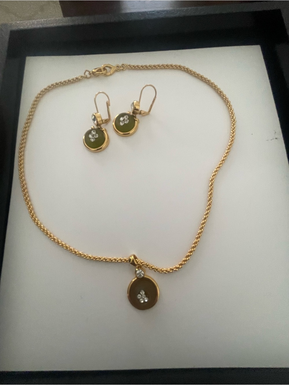 CORO Gold-Tone Olive Green Pendant Necklace & Earrings Set NEW